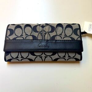 Coach Black Logo Signature Continental Wallet+Checkbook NWT